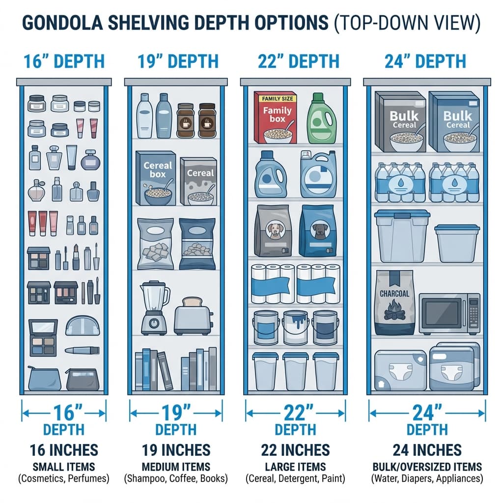 Gondola Shelving Depth Options - 16 inch to 24 inch with product examples