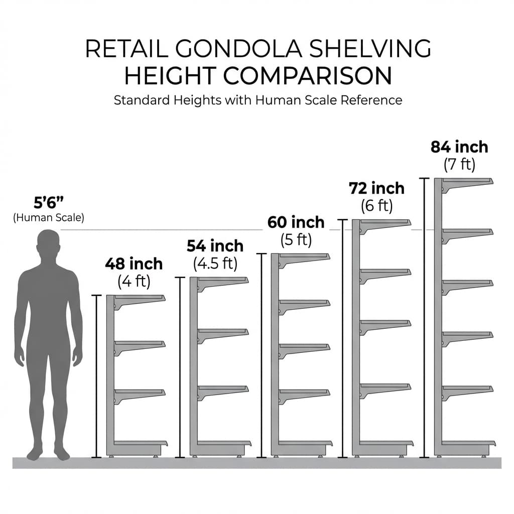 Gondola Shelving Height Comparison Chart - 48 inch to 84 inch with human scale reference